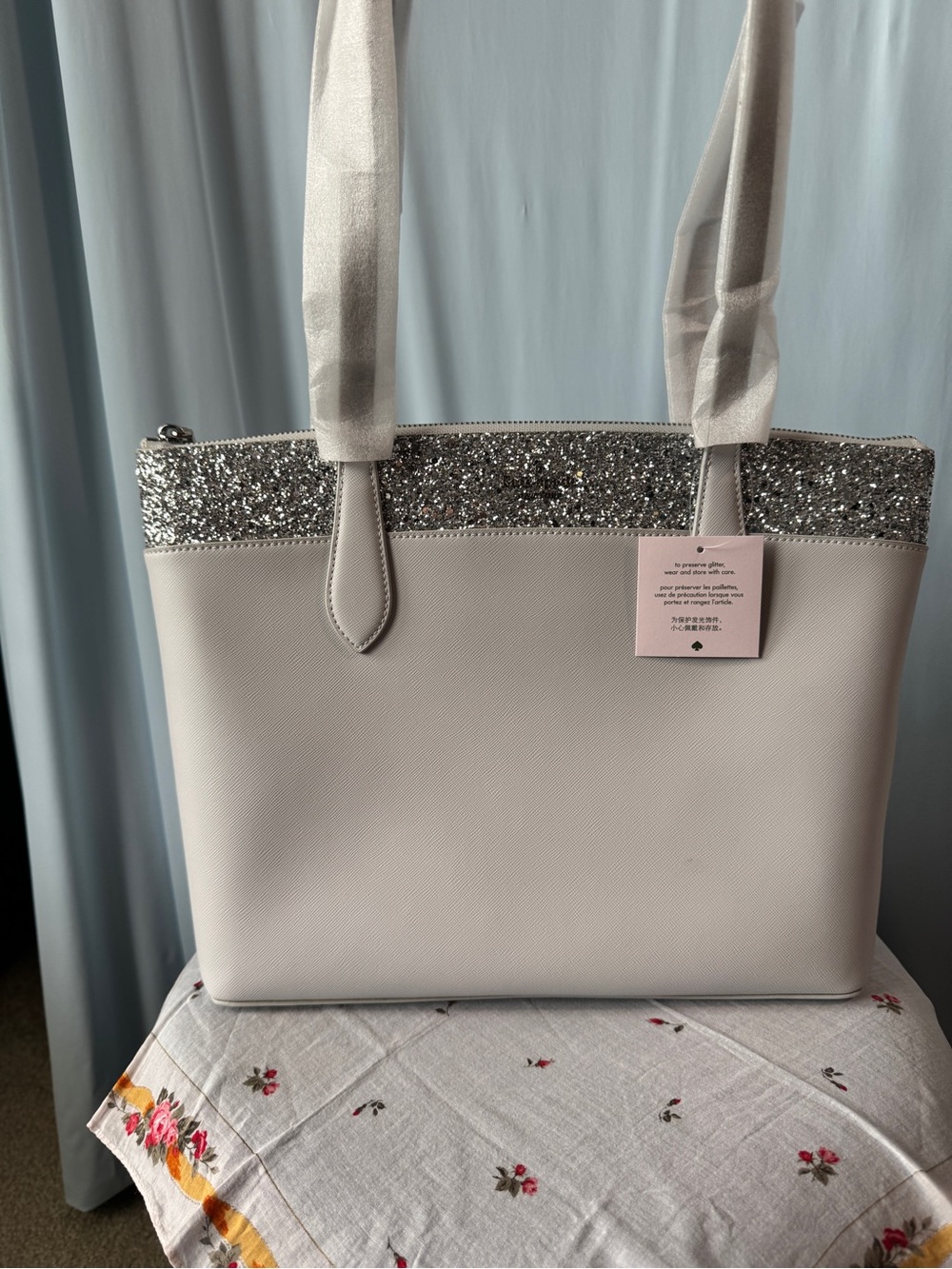 kate spade glitter flash tote grey with silver glitter top